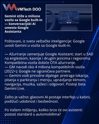 Gemini stiže u milione vozila sa Google built-in — konverzacijski AI umesto Google Assistanta