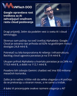 Google opravdava rast troškova za AI zahvaljujući snažnom rastu cloud poslovanja