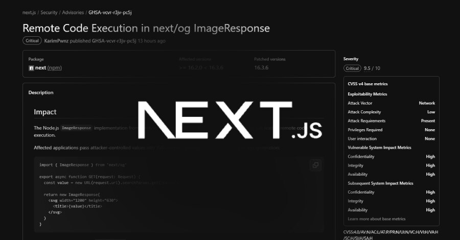 Next.js zakrpio ImageResponse propust koji može izvršiti kod