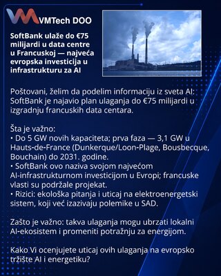 SoftBank ulaže do €75 milijardi u data centre u Francuskoj — najveća evropska investicija u infrastrukturu za AI