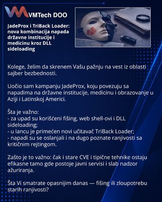 JadeProx i TriBack Loader: nova kombinacija napada državne institucije i medicinu kroz DLL sideloading