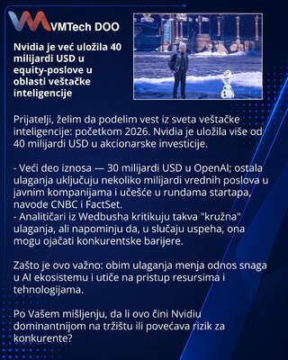 Nvidia je već uložila 40 milijardi USD u equity-poslove u oblasti veštačke inteligencije