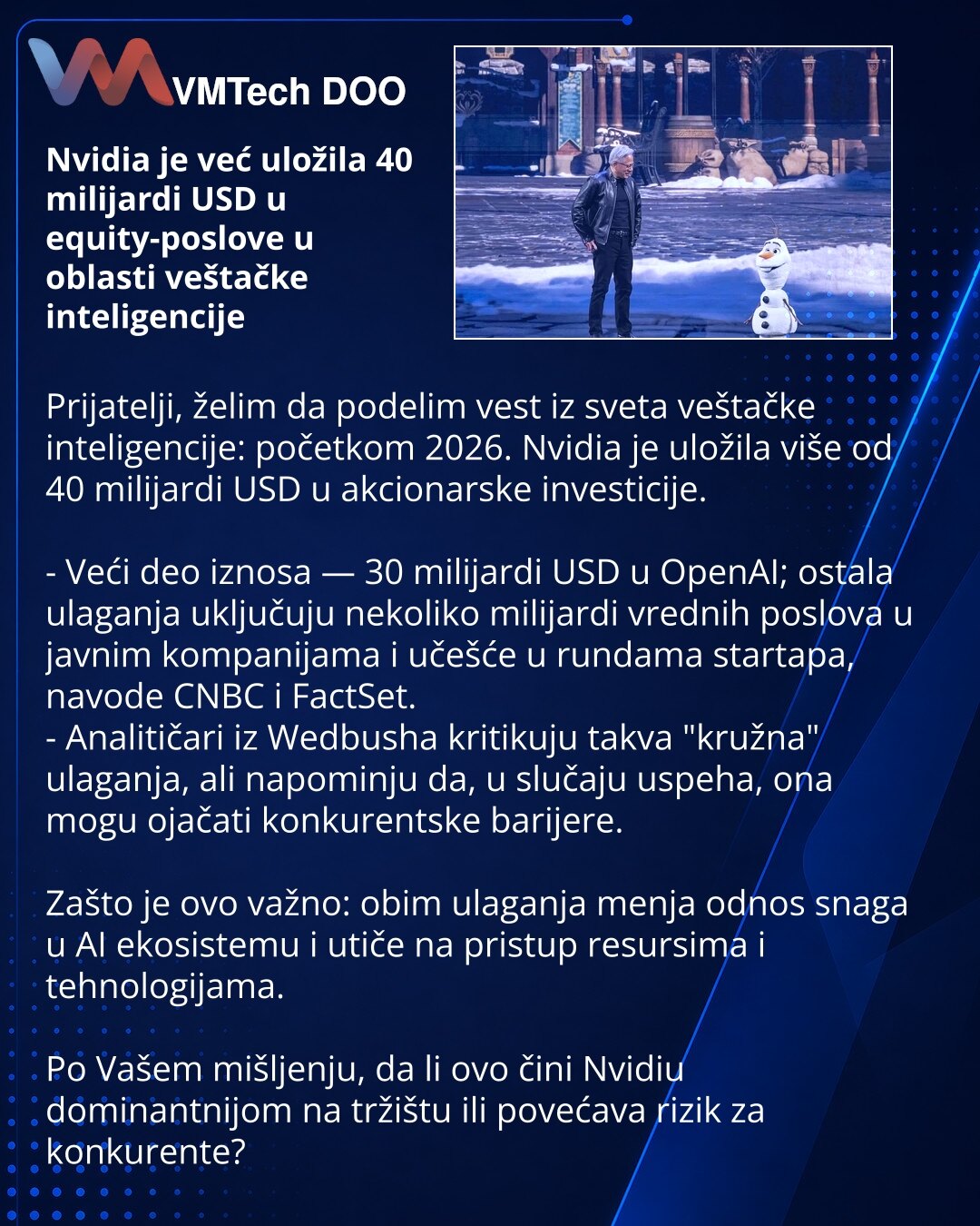 Nvidia je već uložila 40 milijardi USD u equity-poslove u oblasti veštačke inteligencije

Prijatelji, želim da podelim vest iz sveta veštačke inteligencije: početkom 2026. Nvidia je uložila više od 40 milijardi USD u akcionarske investicije.

- Veći deo iznosa — 30 milijardi USD u OpenAI; ostala ulaganja uključuju nekoliko milijardi vrednih poslova u javnim kompanijama i učešće u rundama startapa, navode CNBC i FactSet.
- Analitičari iz Wedbusha kritikuju takva "kružna" ulaganja, ali napominju d