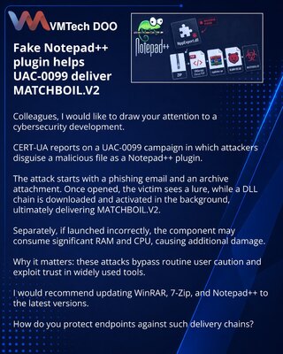 Фейковый плагин Notepad++ помогает UAC-0099 доставлять MATCHBOIL.V2