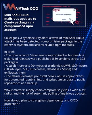 Mini Shai‑Hulud: вредоносные обновления пакетов @antv через скомпрометированный npm‑аккаунт
