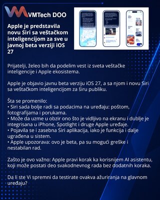 Apple je predstavila novu Siri sa veštačkom inteligencijom za sve u javnoj beta verziji iOS 27