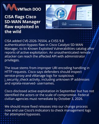CISA добавила критический обход аутентификации Cisco SD-WAN в KEV