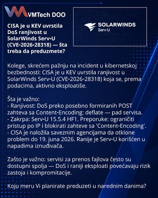 CISA внесла в KEV уязвимость DoS в SolarWinds Serv‑U (CVE‑2026‑28318) — что делать?