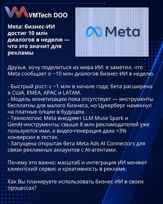 Meta: poslovni AI dostigao je 10 miliona dijaloga nedeljno — šta to znači za oglašavanje