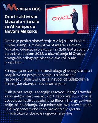 Oracle obaveštenjem o višoj sili štiti rok za Project Jupiter