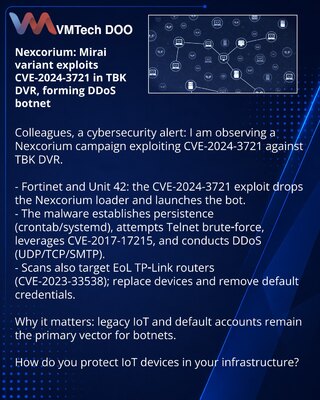 Nexcorium: Mirai‑вариант эксплуатирует CVE‑2024‑3721 в TBK DVR и формирует DDoS‑ботнет