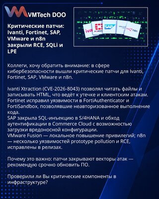 Критические патчи: Ivanti, Fortinet, SAP, VMware и n8n закрыли RCE, SQLi и LPE