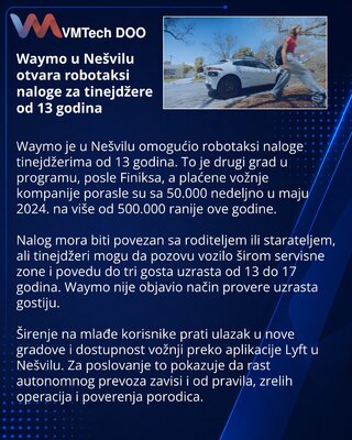 Waymo uvodi robotaksi naloge za tinejdžere u Nešvilu