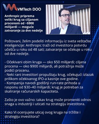 Anthropic готовит крупный раунд с целевой оценкой ~$900 млрд — возможное закрытие в две недели