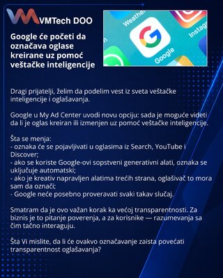 Google će početi da označava oglase kreirane uz pomoć veštačke inteligencije