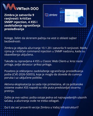 Zimbra je zatvorila 9 ranjivosti: kritičan SNMP injection, 4 XSS i zaobilaženje ograničenja prosleđivanja