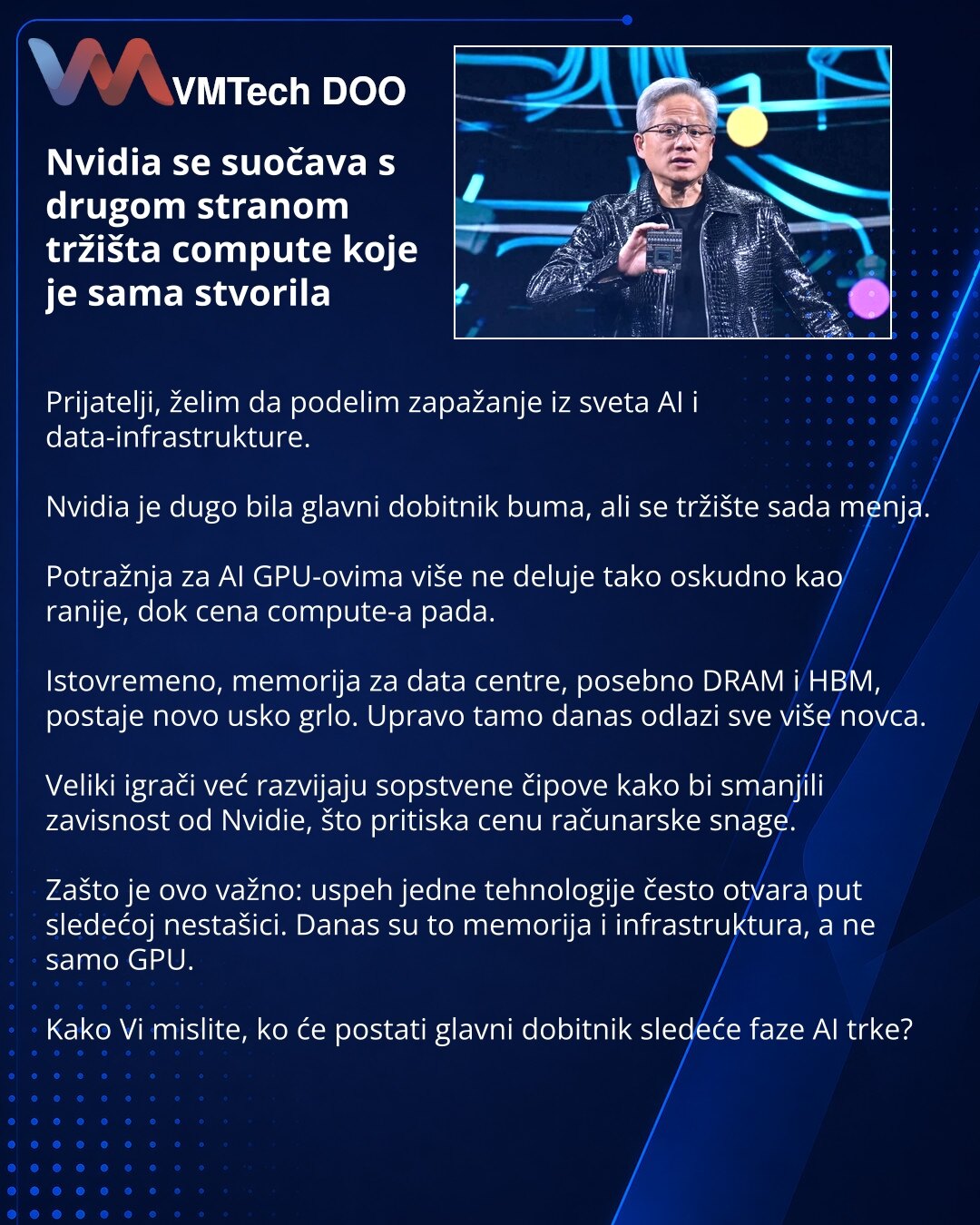 Nvidia se suočava s drugom stranom tržišta compute koje je sama stvorila

Prijatelji, želim da podelim zapažanje iz sveta AI i data-infrastrukture.

Nvidia je dugo bila glavni dobitnik buma, ali se tržište sada menja.

Potražnja za AI GPU-ovima više ne deluje tako oskudno kao ranije, dok cena compute-a pada.

Istovremeno, memorija za data centre, posebno DRAM i HBM, postaje novo usko grlo. Upravo tamo danas odlazi sve više novca.

Veliki igrači već razvijaju sopstvene čipove kako bi smanjili zav