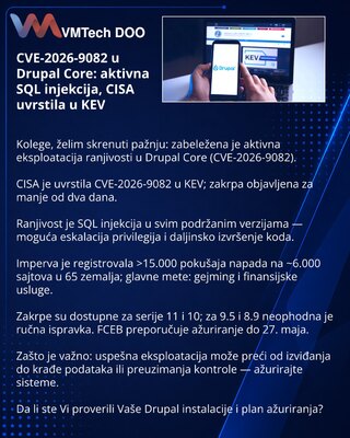 CVE-2026-9082 u Drupal Core: aktivna SQL injekcija, CISA uvrstila u KEV