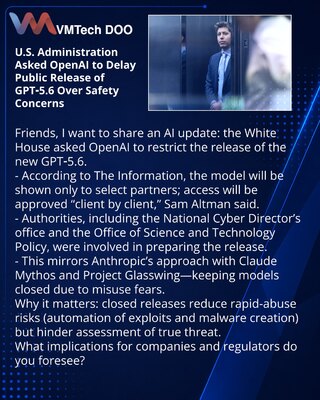 Администрация США попросила OpenAI отложить публичный релиз GPT‑5.6 из соображений безопасности