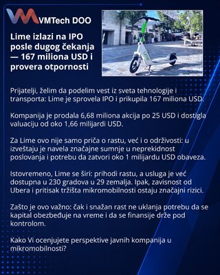 Lime izlazi na IPO posle dugog čekanja — 167 miliona USD i provera otpornosti
