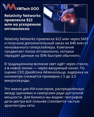 Relativity Networks привлекла $22 млн на полое оптоволокно для дата-центров
