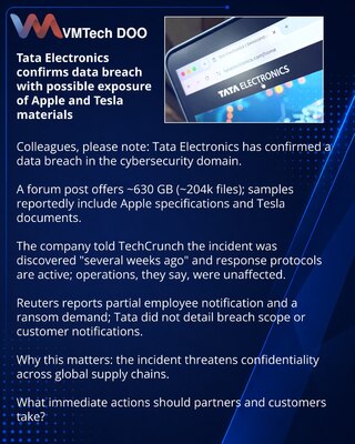 Tata Electronics potvrdio curenje podataka s mogućim pristupom materijalima Apple i Tesla