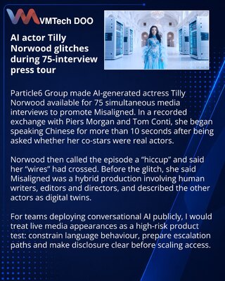 Tilly Norwood glitches during wide AI actress press tour