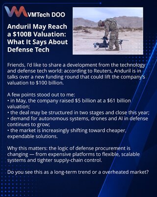 Anduril može dostići procenu od 100 mlrd $: šta to govori o defense tech tržištu