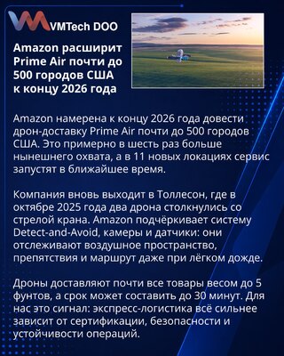 Amazon расширит дрон-доставку Prime Air почти до 500 городов США