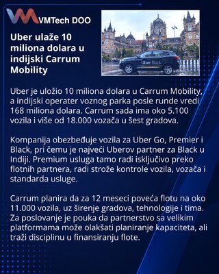 Uber uložio 10 miliona dolara u indijski Carrum Mobility