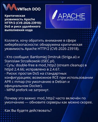 Критическая уязвимость Apache HTTP/2 (CVE-2026-23918): DoS и риск удалённого выполнения кода