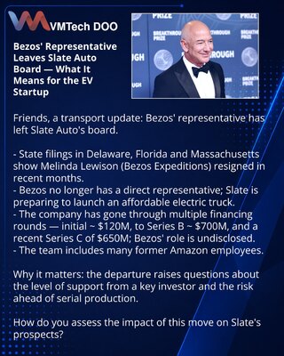 Bezos' Representative Leaves Slate Auto Board — What It Means for the EV Startup