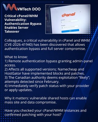 Kritična ranjivost u cPanel/WHM: zaobilaženje autentikacije omogućava preuzimanje servera