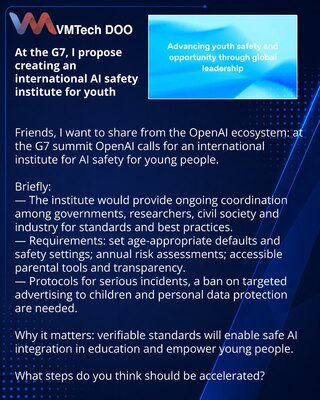 Na G7 predlažem osnivanje međunarodnog instituta za bezbednost veštačke inteligencije za mlade