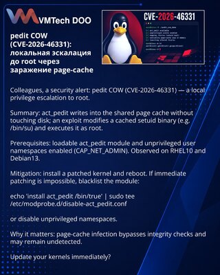 pedit COW (CVE-2026-46331): lokalna eskalacija do root putem zaraženog page-cache