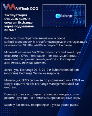 Эксплуатация CVE-2026-42897 в on‑prem Exchange через поддельное письмо