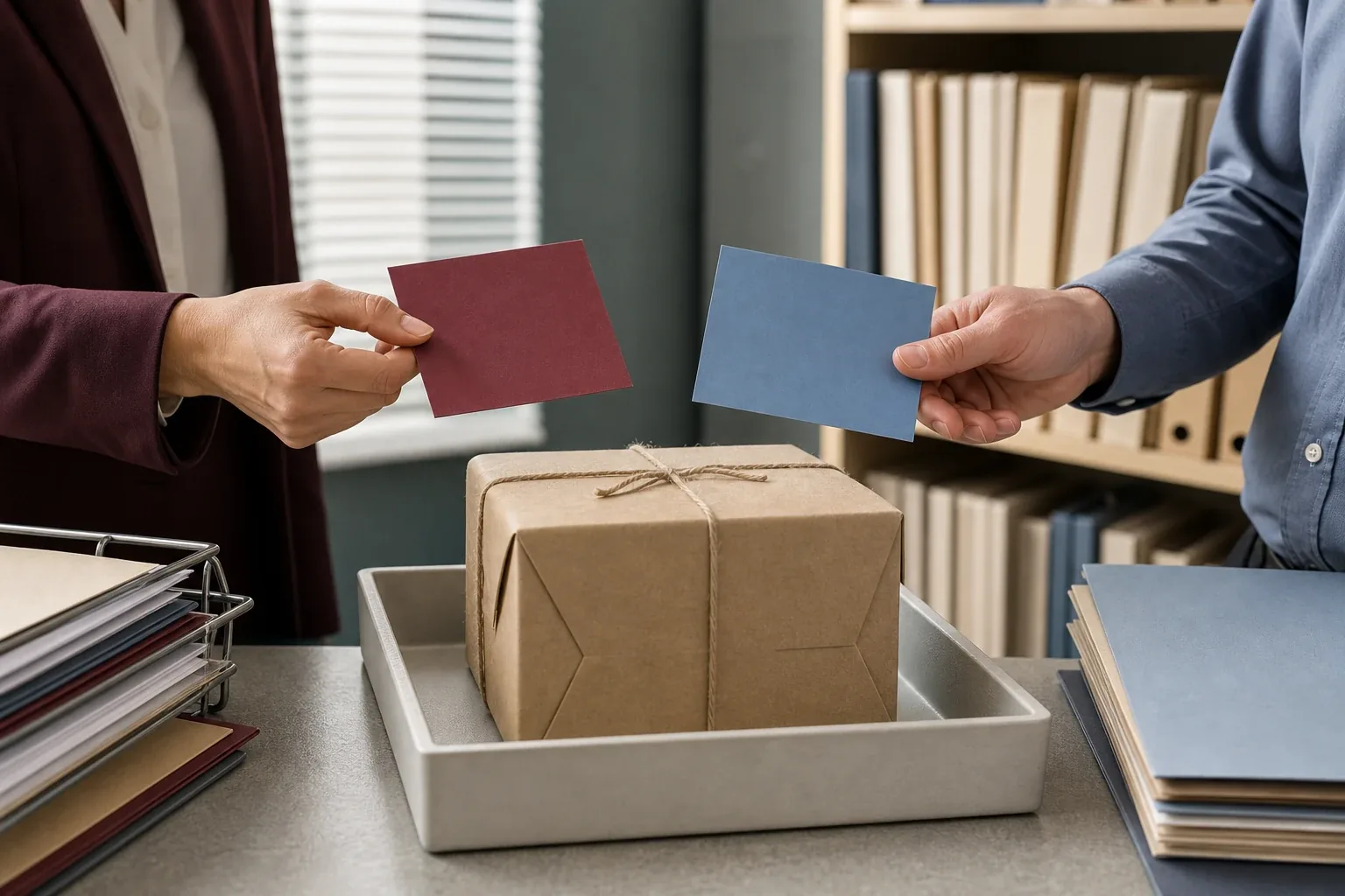 Two employees present different blank destination cards for the same parcel, which remains in a manual review area until one authoritative version is chosen.