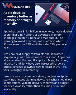 Apple builds $11.1 billion inventory buffer as advanced-memory supply tightens