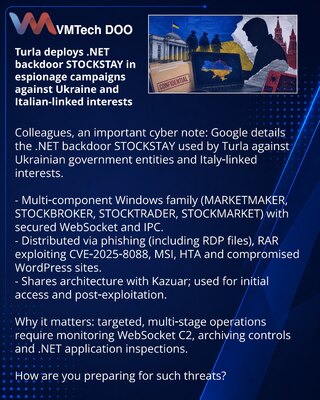 Turla koristi .NET-bekdor STOCKSTAY u špijunskim kampanjama protiv Ukrajine i interesa povezanih s Italijom