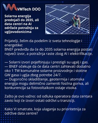 Solarna energija prednjači do 2035, ali data centri na AI održaće potražnju za ugljovodonicima