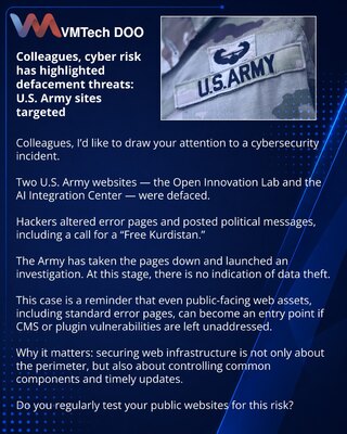 Colleagues, cyber risk has highlighted defacement threats: U.S. Army sites targeted