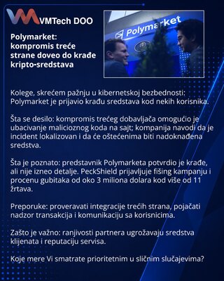 Polymarket: kompromis treće strane doveo do krađe kripto‑sredstava