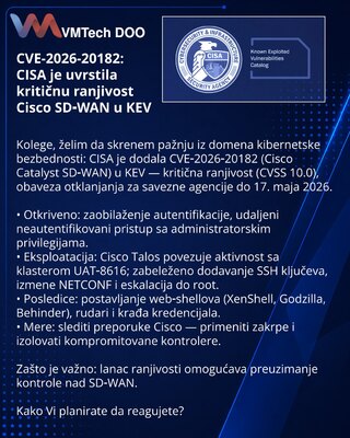 CVE-2026-20182: CISA je uvrstila kritičnu ranjivost Cisco SD‑WAN u KEV