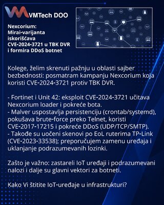 Nexcorium: Mirai‑вариант эксплуатирует CVE‑2024‑3721 в TBK DVR и формирует DDoS‑ботнет