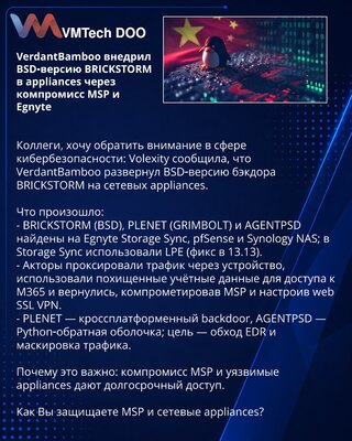 VerdantBamboo внедрил BSD‑версию BRICKSTORM в appliances через компромисс MSP и Egnyte