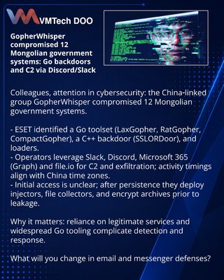 GopherWhisper zarazio 12 mongolskih državnih sistema: Go-bekdori i C2 preko Discord/Slack
