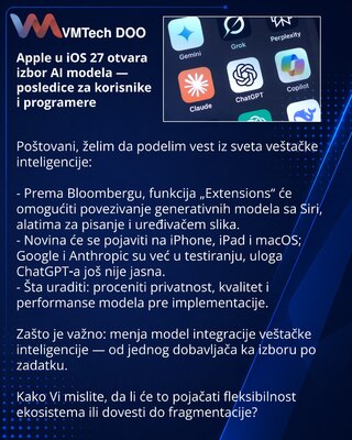 Apple u iOS 27 otvara izbor AI modela — posledice za korisnike i programere