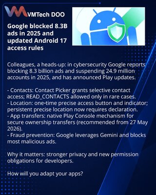 Google заблокировал 8,3 млрд объявлений в 2025 и обновил правила доступа в Android 17