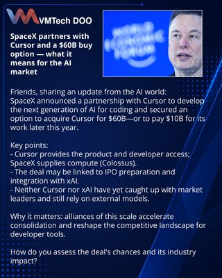 SpaceX partnerstvo sa Cursor i opcija otkupa od $60 mlrd — šta to znači za tržište AI