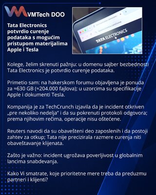 Tata Electronics potvrdio curenje podataka s mogućim pristupom materijalima Apple i Tesla